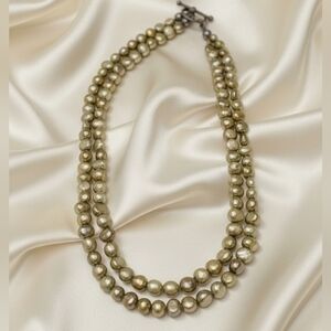 Baroque Pearl Double Strand Necklace Golden Green Silver